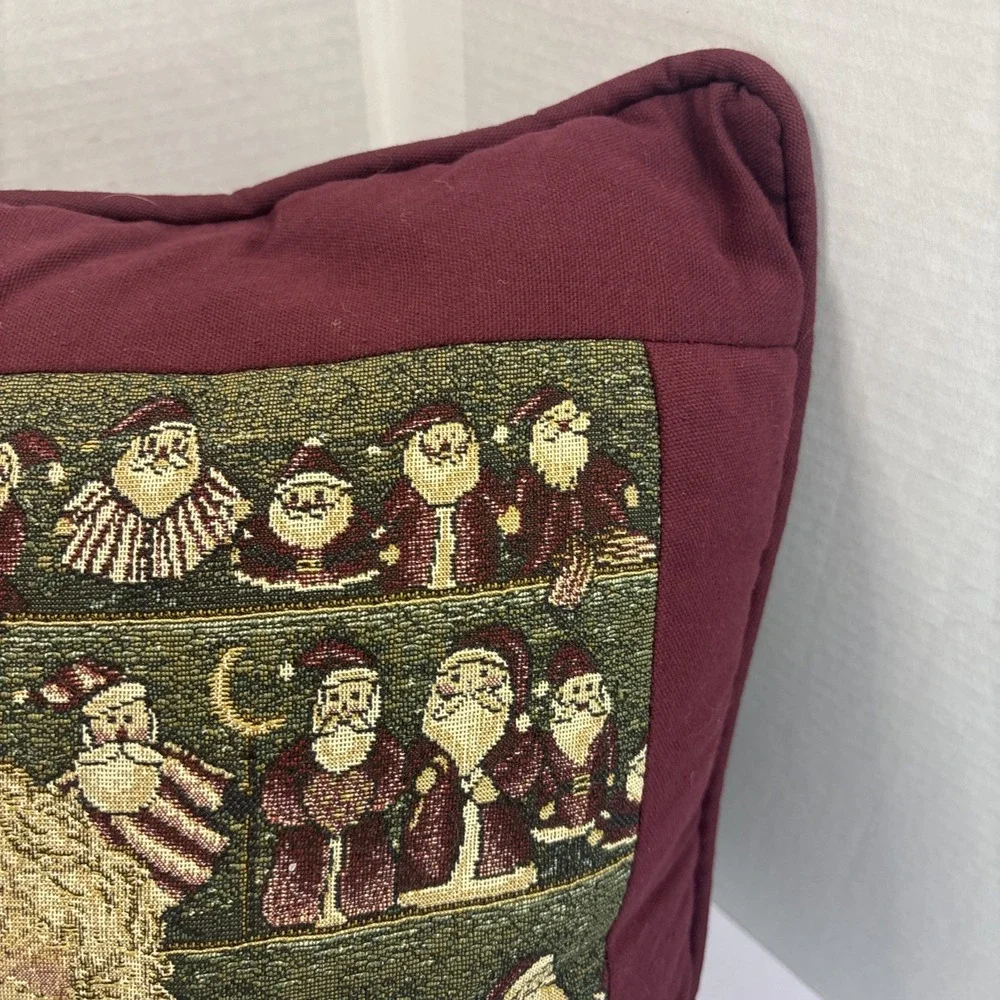 Vtg Holiday Tapestry Throw Pillow Christmas Decorations Santa Dolls Workshop 16